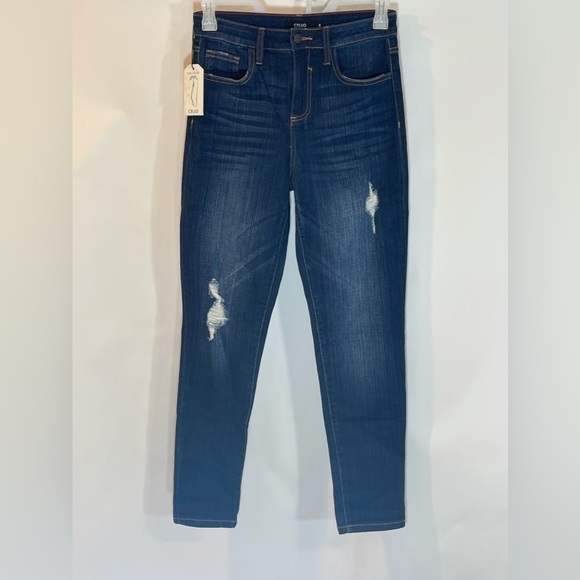 𝅺CELLO Girlfriend Dark Wash Distressed High Waist Jeans Juniors 5 - Picture 1 of 11